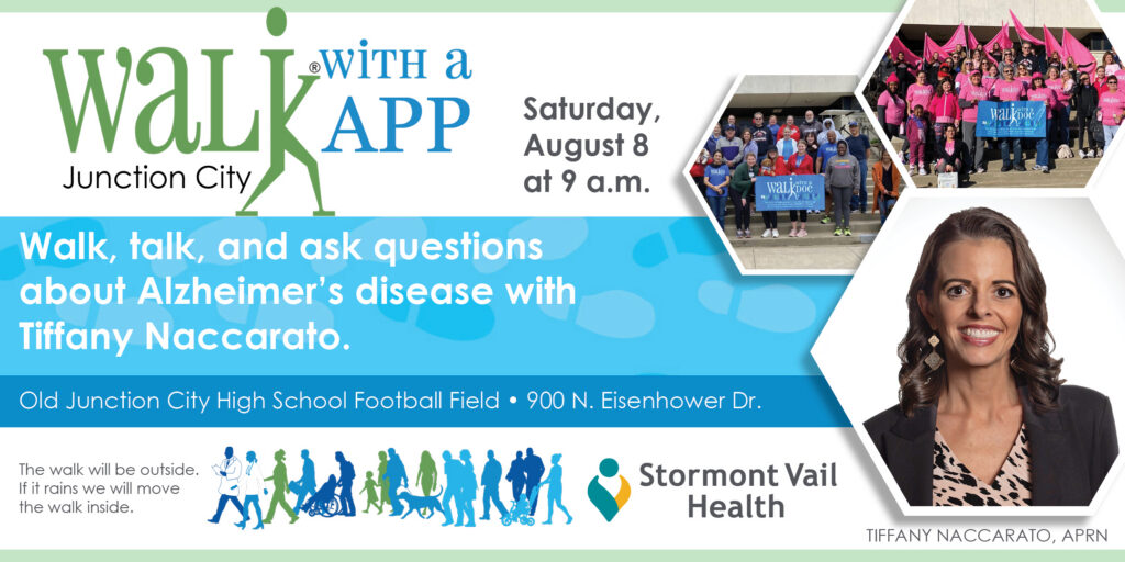 Promotional graphic for Walk With a Provider in Junction City featuring Tiffany Naccarato, APRN, and information about Alzheimer’s disease awareness, early recognition and a community health walk.