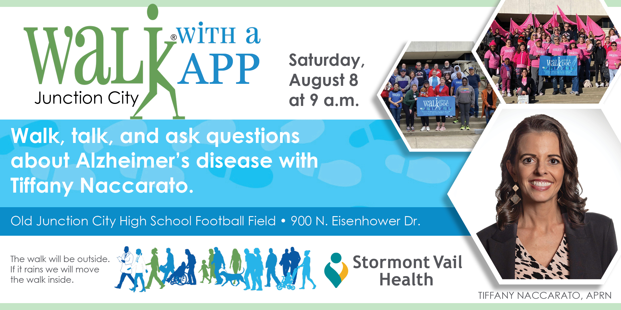 Promotional graphic for Walk With a Provider in Junction City featuring Tiffany Naccarato, APRN, and information about Alzheimer’s disease awareness, early recognition and a community health walk.